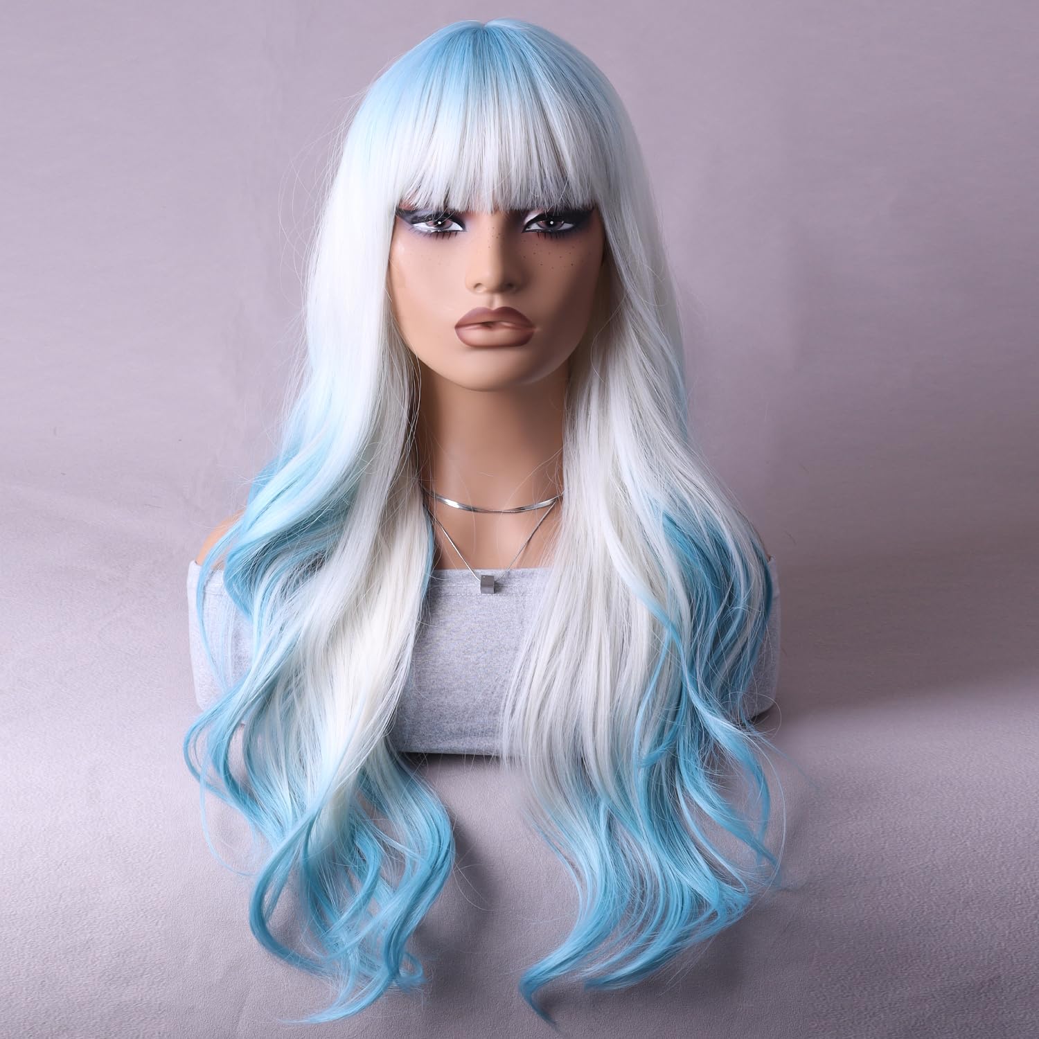 RightOn Blue Ombre Wig Long Wavy Wig Ombre Blue Wig with Bangs Blue Wigs with Wig Cap