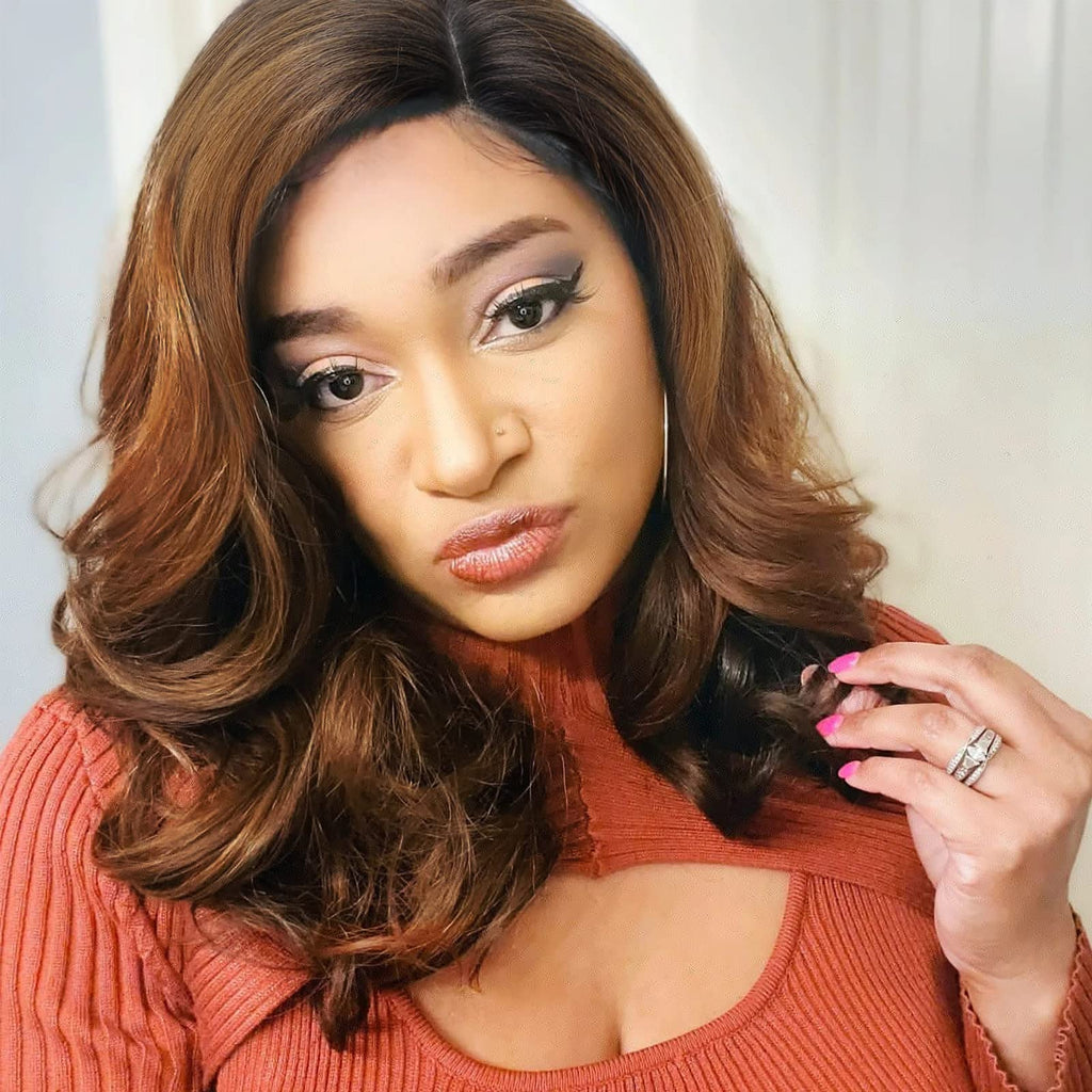Quick Wig Loose Wave Bob Wig Side Part Short Curly Wavy Wig for Black Women Ombre Brown Glueless Lace Part Synthetic Wig Shoulder Length Body Wave Wig
