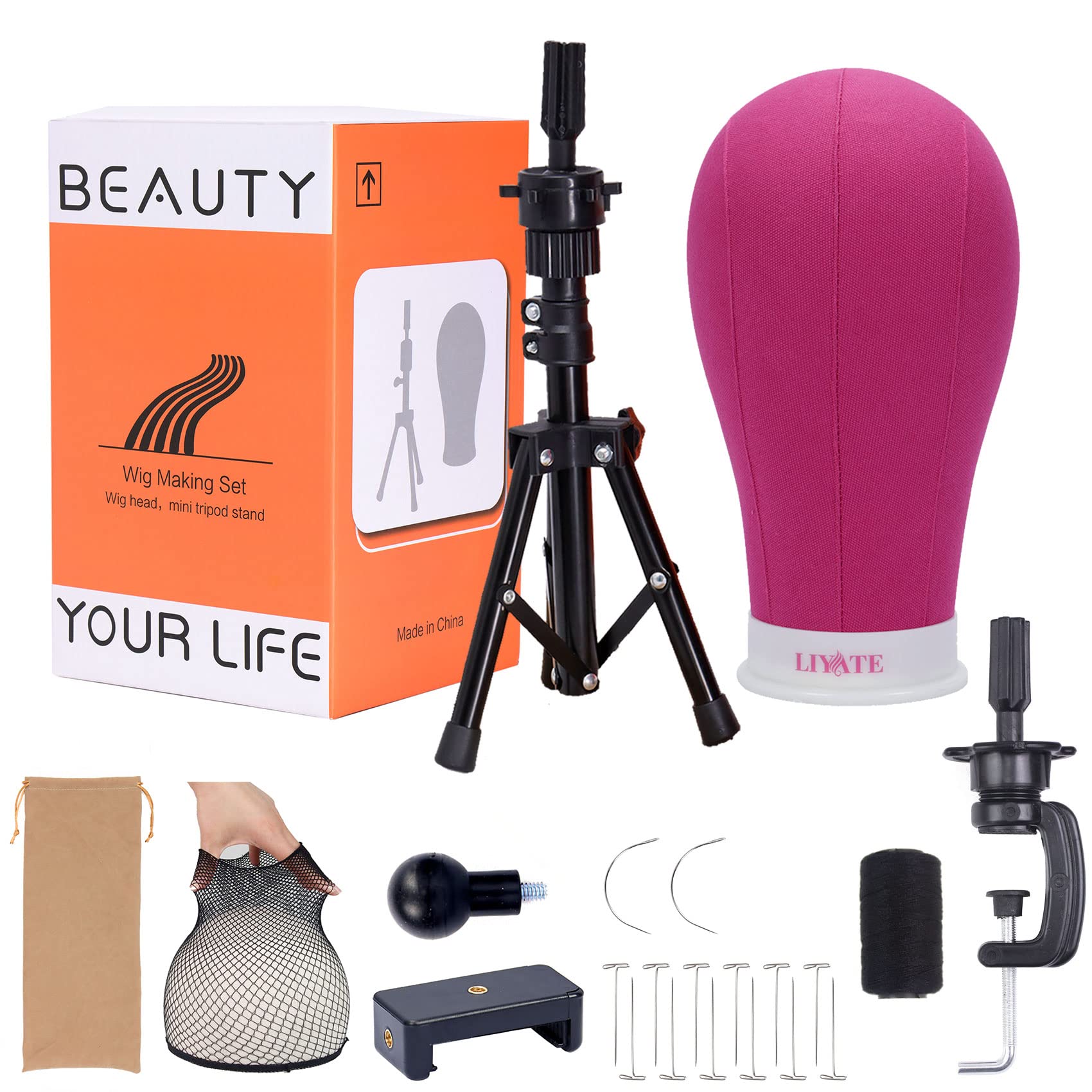 LIYATE Wig Stand Tripod with Head Wig Head Stand with Mannequin Head 23 Inch Wig Head Mini Wig Stand Tripod for Mannequin Head Wig Making Kit and Supplies Wig Cap T Pins Set Phone Holder